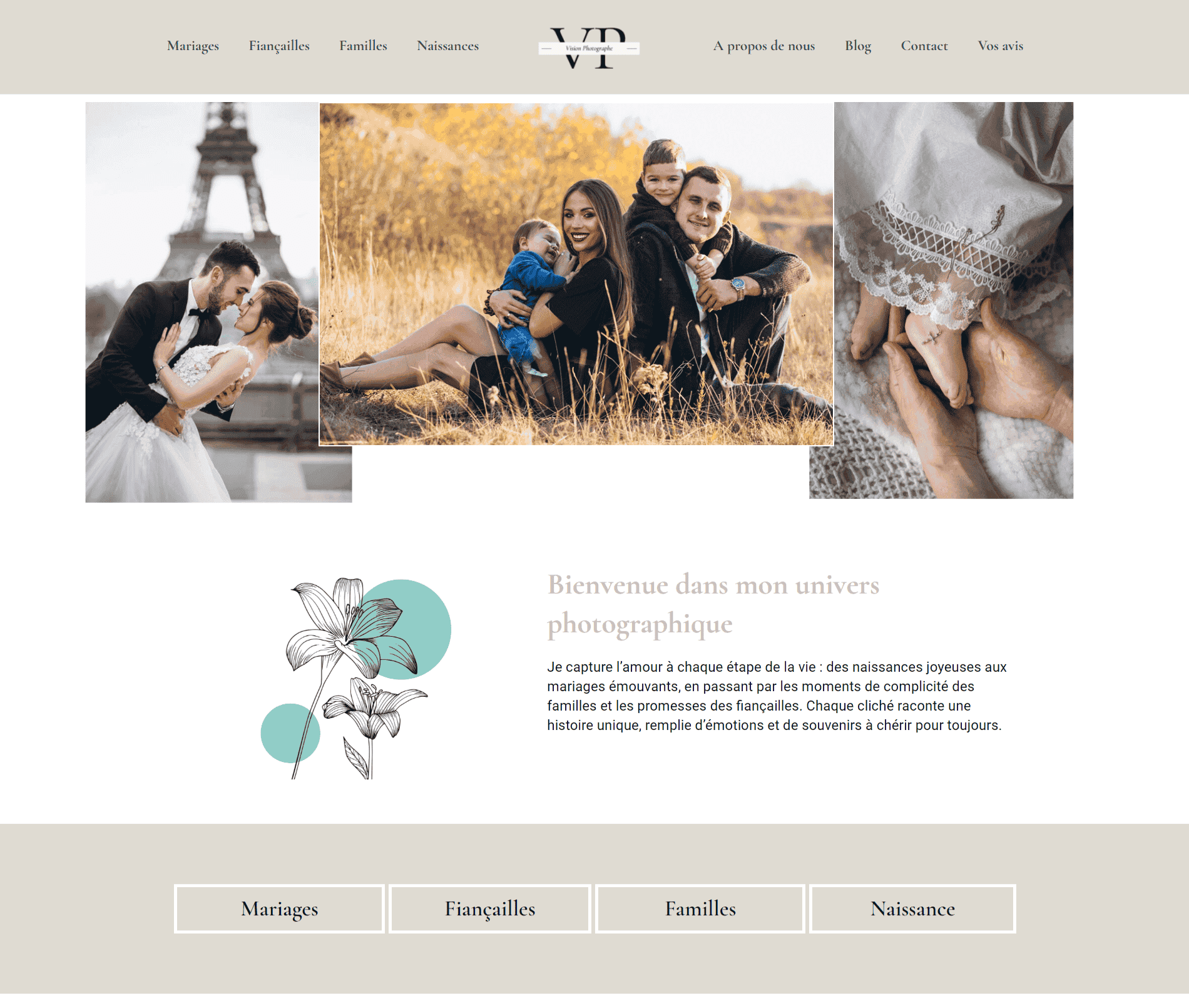 Exemple de site web pour photographe maquette design WordPress portfolio
