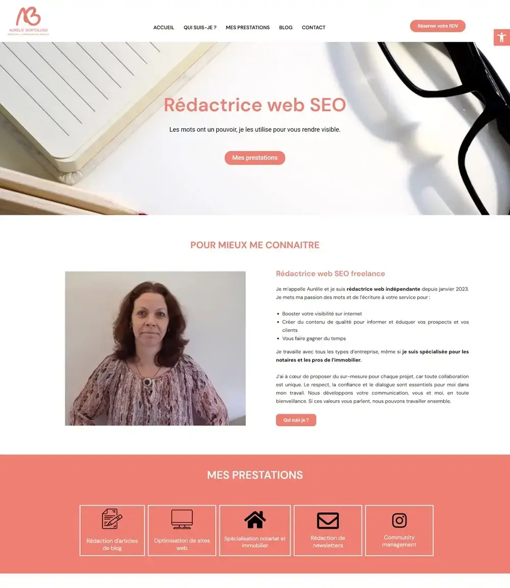 Exemple de site web pour rédactrice web SEO vitrine WordPress freelance