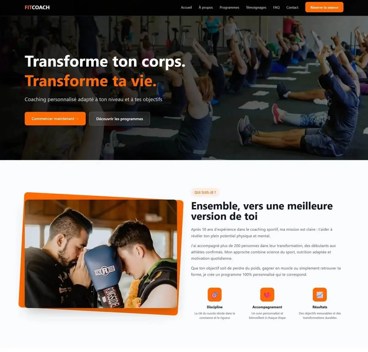 Exemple de site web pour coach sportif vitrine WordPress programmes et témoignages