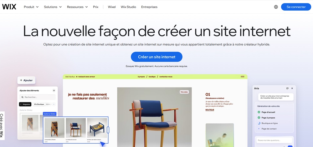 Interface de l'éditeur Wix pour créer un site internet gratuitement